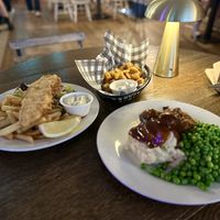 Bangers and Mash, Fysh and chips, and Popcorn Chick’n  at Mama B's in Chippendale