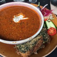 Lentil soup with bread and salad.   at Kaffekvarnen i Klässbol in Klaessbol