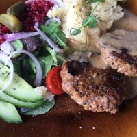 Mashed potatoes and minced meat steaks.  at Kaffekvarnen i Klässbol in Klaessbol