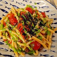 Strozzapreti con pomodorini, olive e basilico at La Siesta Al Nona in Riccione