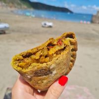 Vegan pasty, filled with vegetable and Chickpea curry at The Mermaid Beach Cafe in St Austell