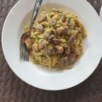 The Pasta Carbonara was very flavorful. The pasta noodles were perfectly cooked and had nice texture. The sauce was rich and creamy. The cashews gave it nice crunch.  at Vedge Bohol in Panglao