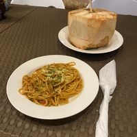 Chickpea pasta with peanut butter and fresh coconutt  at Vedge Bohol in Panglao