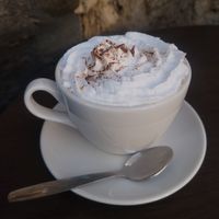 Banoffee Hot Chocolate with Oat Milk + Soya Cream at The Jester's Tower in Conwy