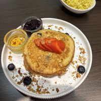 Blueberry pancakes with added scramble   at Plantoholic in Dubai