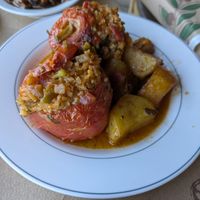 Gemistas, a typical  dish, stuffed tomatoes at Agnadi in Zakynthos