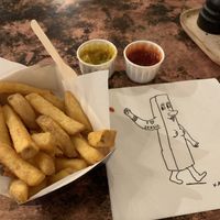 Chips, piccalilli and ketchup  at Frites Atelier in Brussels