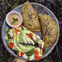 Empanadas de platanos, salad  at Cocina La Itinerante  in El Carmen De Viboral