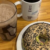 Bagel homus, chocolate batido  at Cupping Café in Sao Paulo