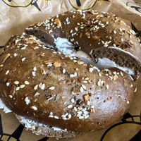 Pumpernickel everything, my fave  at Rosenberg's Bagels & Delicatessen in Denver