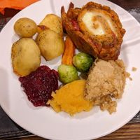 Christmas dinner Dec 2022 with vegan roulade and all the trimmings at Cornkist in Ellon