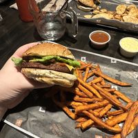 Vegan burger with sweet potato fries   at The Works in Milton