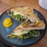 Vegan mushroom toastie on gf. at Small Change Espresso in Nambour