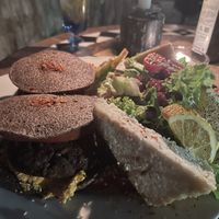 Beetroot/kidney bean burger and almond cheese on the side  at Radost Fina Kuhinjica in Belgrade