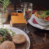 vegan burgers, salad and wine at Radost Fina Kuhinjica in Belgrade