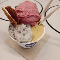 Raspberry, banana and chocolate chip, salted caramel and peanut at CAJÚ Gelato in Barcelona