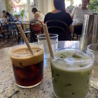 Espresso tonic and iced matcha on oat milk   at Cafe Pom & Flora in Stockholm