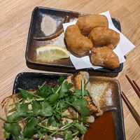 Coriander gyoza and soy 'chicken' at Pariking in Kanazawa