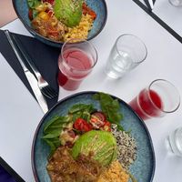 Vegan bowl with quinoa, avocado and lentils and watermelon juice  at Zeni Coffee in Nice