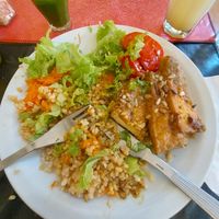 Smoked tofu with rice and salad at Vegetariana in Buenos Aires