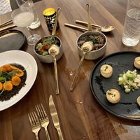 Lentils, Brussel sprouts, mushrooms, and tofu scallops   at Hell's Kitchen in Ledyard