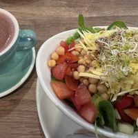 Cacao with oat milk and salad with vegan cheese   at Ecocafe in Budapest