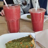 Strawberry banana smoothie and spinach quiche at Ecocafe in Budapest