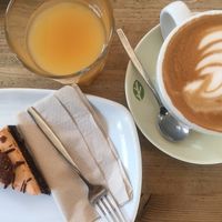 Breakfast, cappucino with rice milk and paleo cake at Ecocafe in Budapest