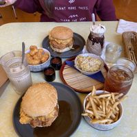 Mock chicken burger with sweet potato mash and gravy, tots, Mac and cheese  at Two-Bit Villains in Adelaide