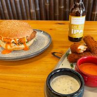 Buffalo chicken burger and mozzarella sticks at Two-Bit Villains in Adelaide
