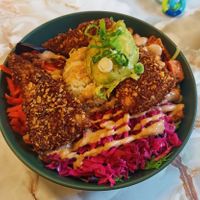Cajun Bowl with Corn-Encrusted Tofu. Highly recommend! at Two-Bit Villains in Adelaide