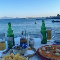 View-pizza, chips and olives  at Sun Beam in Kos