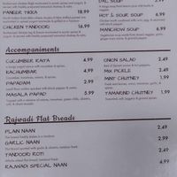 Menu at Rajwadi Pointe in Salt Lake City