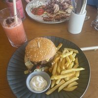 Vegan burger fries and smoothie  at Blends Brunch Cafe & Gastrobar Faliraki Rhodes in Rhodes