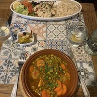Tebhika (gf & vegan) and cauliflower steak (vegan)  at Al Casbah in Cambridge