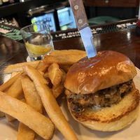 The amazing Sweet Potato Burger and fries!  at Patrick Doud's Irish Pub in Mackinac Island
