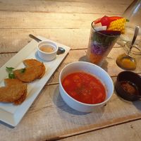 Tomato soup, salad parfait, and soy cutlets at AIN SOPH.Journey in Tokyo