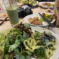 Pesto pasta, fried tofu, matcha latte  at AIN SOPH.Journey in Tokyo