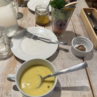 corn soup, salad parfait, miso, dressing  at AIN SOPH.Journey in Tokyo