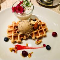Waffles with ice cream and vegan whipped cream  at AIN SOPH.Journey in Tokyo