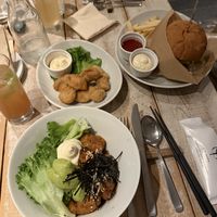 Teriyaki style chicken with rice, crispy cutlet burger and fried chicken style pieces   at AIN SOPH.Journey in Tokyo