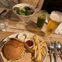 Soy cutlet burger (near), teriyaki deep fried soy chicken on rice (far)  at AIN SOPH.Journey (Shinjuku) in Tokyo