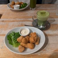 Chicken nuggets and an iced macha latte at AIN SOPH.Journey (Shinjuku) in Tokyo
