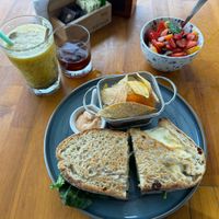 Veggie sandwich, granola yogurt bowl, maracuyá smoothie and cold brew   at Sulá Cafetería in Heredia