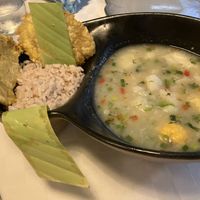 Sancocho sordo with tostones and coconut rice   at Restaurante Candé in Cartagena
