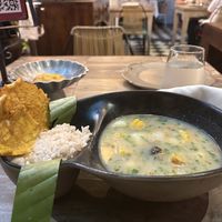 The vegan sancocho came with coconut rice and two fried plantains 😁  at Restaurante Candé in Cartagena