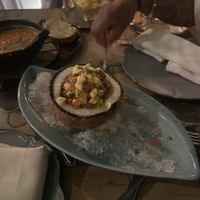 CEVICHE CARIBE
Mango, avocado, red onion, bell pepper, tomato, grilled cheese, olive oil, leche de tigre, a touch of spiciness, and cilantro.
Vegan (no cheese)   at Restaurante Candé in Cartagena