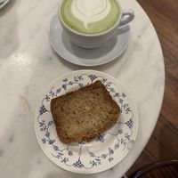 Oat milk matcha latte with vegan zucchini bread  at Keeper Coffee Co in Portland