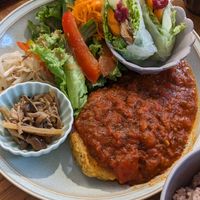 Hamburg steak, summerrolls, plenty of sides at Loving Hut - Nishinippori in Tokyo