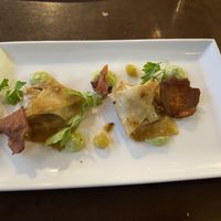 Wontons with pea and peppermint cream and tomato jelly   at Bar Recyclart in Brussels